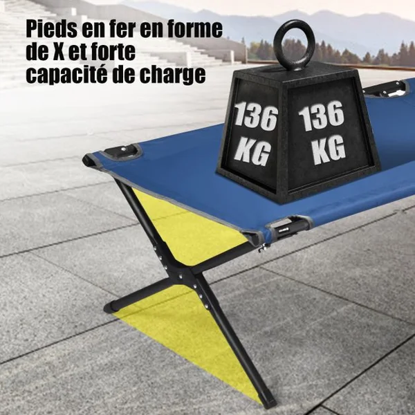 Lits de Camp Pliable 190 x 67 x 42 cm Cadre en Métal Tissu Oxford Robuste Charge 135 kg pour Voyages Camping Plage Bleu