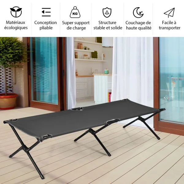 Lits de Camp Pliable 190 x 67 x 42 cm Cadre en Métal Tissu Oxford Robuste Charge 135 kg pour Voyages Camping Plage Gris