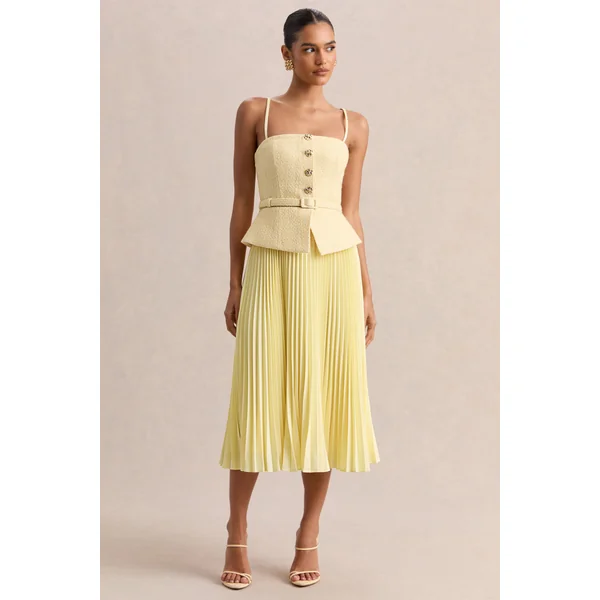 Lizzy | Robe mi-longue citron à encolure carrée avec jupe plissée