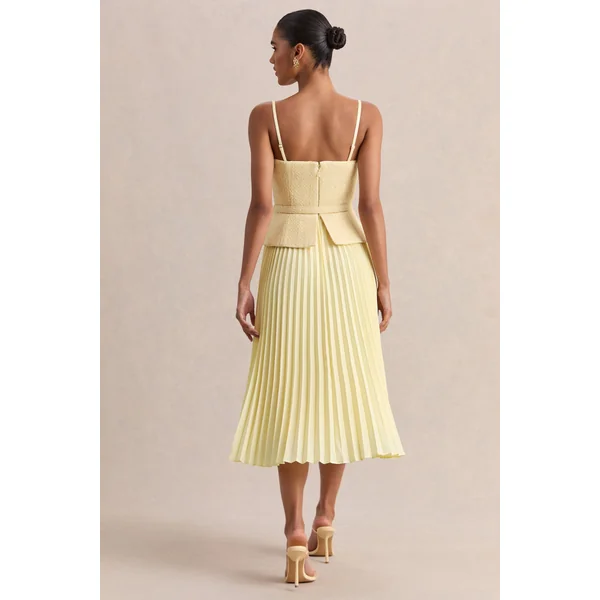 Lizzy | Robe mi-longue citron à encolure carrée avec jupe plissée