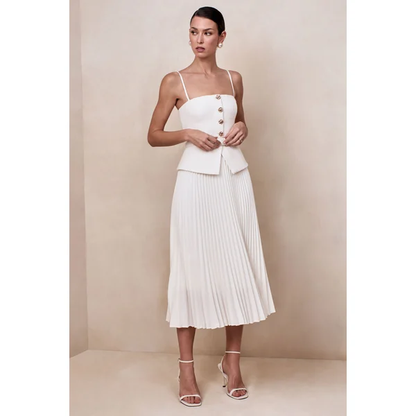 Lizzy | Robe mi-longue crème à encolure carrée avec jupe plissée