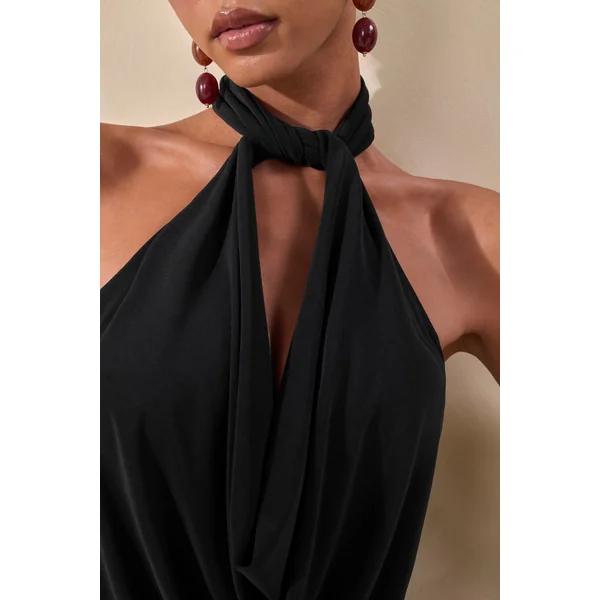 Loella | Body noir à décolleté drapé plongeant extrême avec détail noué