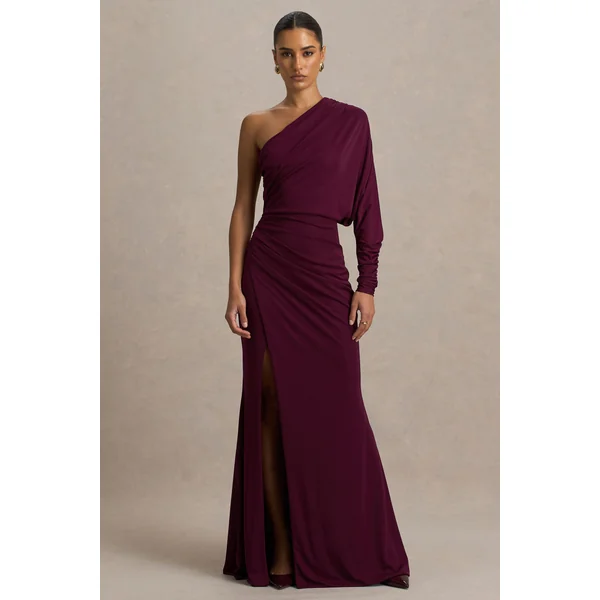 Lola | Robe longue bordeaux à encolure asymétrique avec fronces et fente avant haute