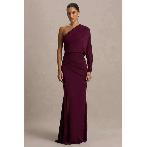 Lola | Robe longue bordeaux à encolure asymétrique avec fronces et fente avant haute