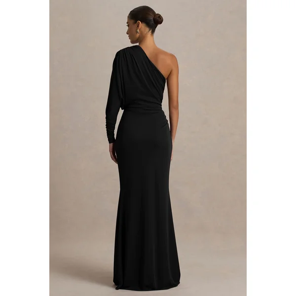 Lola | Robe longue noire à encolure asymétrique avec fronces et fente avant haute