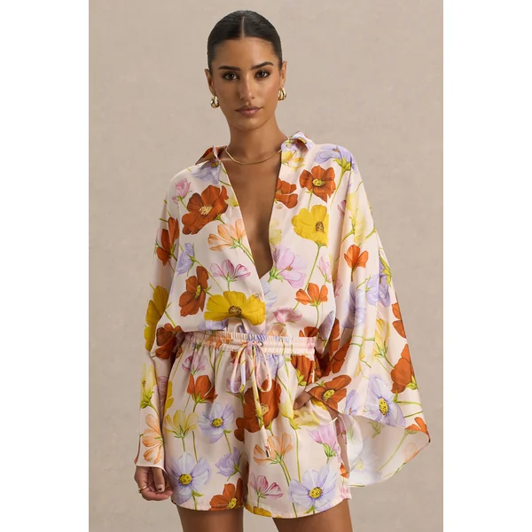Lolite | Chemise à manches longues avec décolleté plongeant et imprimé floral vif