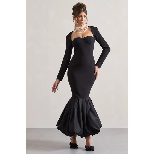 London | Robe longue noire encolure en coeur et longueur volumineuse