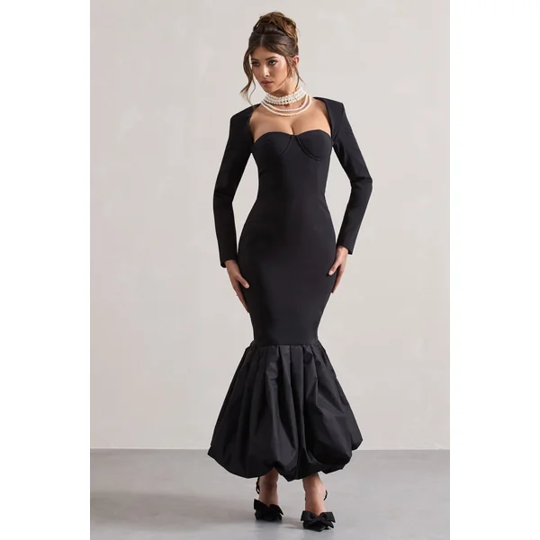 London | Robe longue noire encolure en coeur et longueur volumineuse