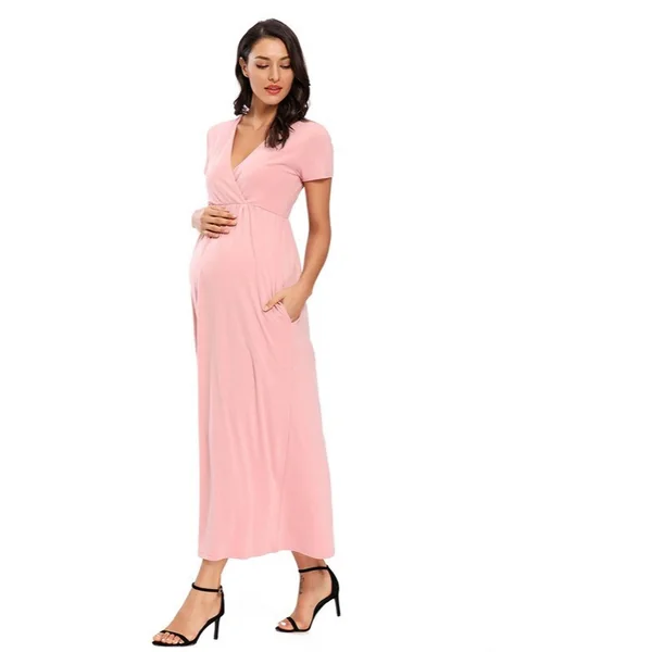 Longue robe de grossesse et d'allaitement manches courtes