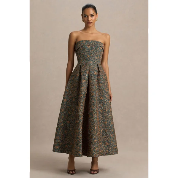 Loretta | Robe mi-longue à encolure bandeau brodée vert foncé et rouille