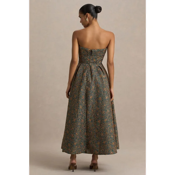 Loretta | Robe mi-longue à encolure bandeau brodée vert foncé et rouille