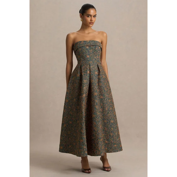 Loretta | Robe mi-longue à encolure bandeau brodée vert foncé et rouille