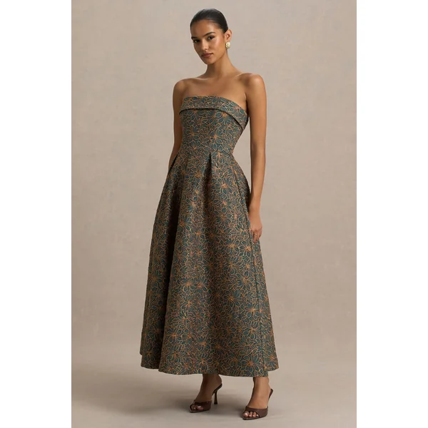 Loretta | Robe mi-longue à encolure bandeau brodée vert foncé et rouille