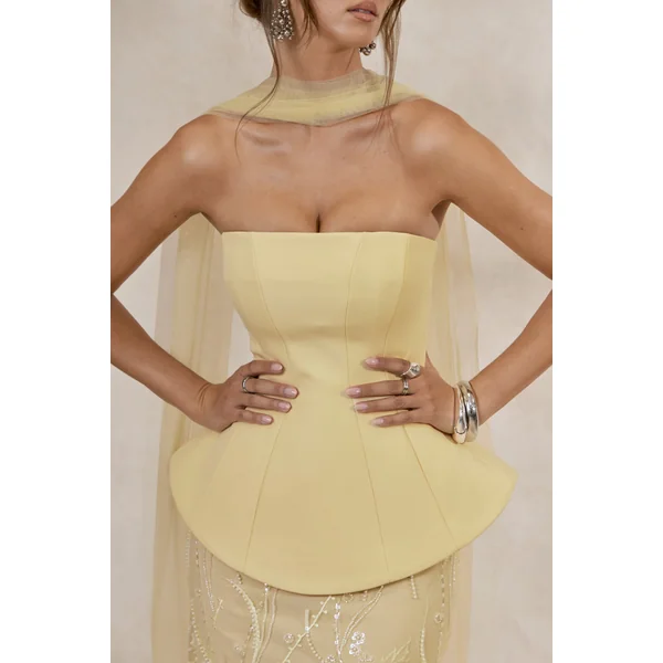Lorna | Robe longue citron à encolure bandeau avec détail écharpe