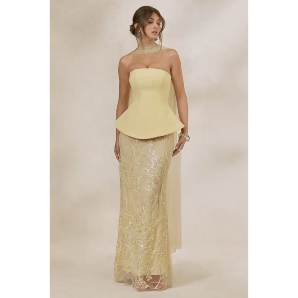 Lorna | Robe longue citron à encolure bandeau avec détail écharpe