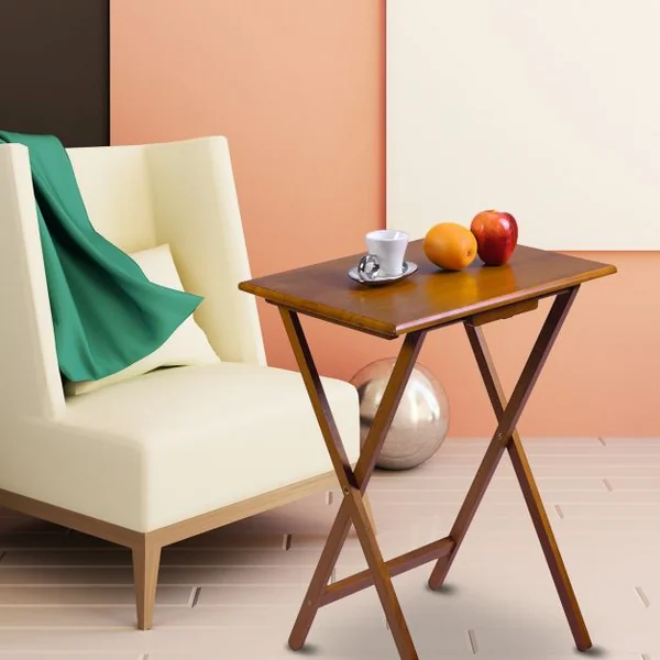 Lot 4 Tables D'appoint Pliantes Cadre en Croix Robuste Capacité 20 Kg en Pin Massif 48x37x66cm Couleur Noyer