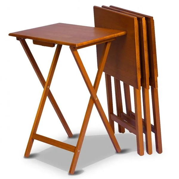 Lot 4 Tables D'appoint Pliantes Cadre en Croix Robuste Capacité 20 Kg en Pin Massif 48x37x66cm Couleur Noyer