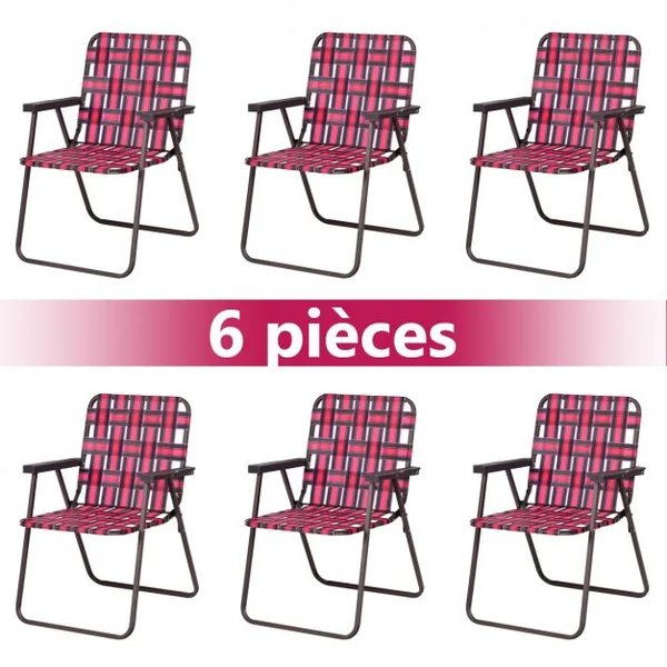 Lot 6 Chaises de Plage Pliantes en Toile avec Accoudoirs en Acier en Forme de U Supporter 120 KG