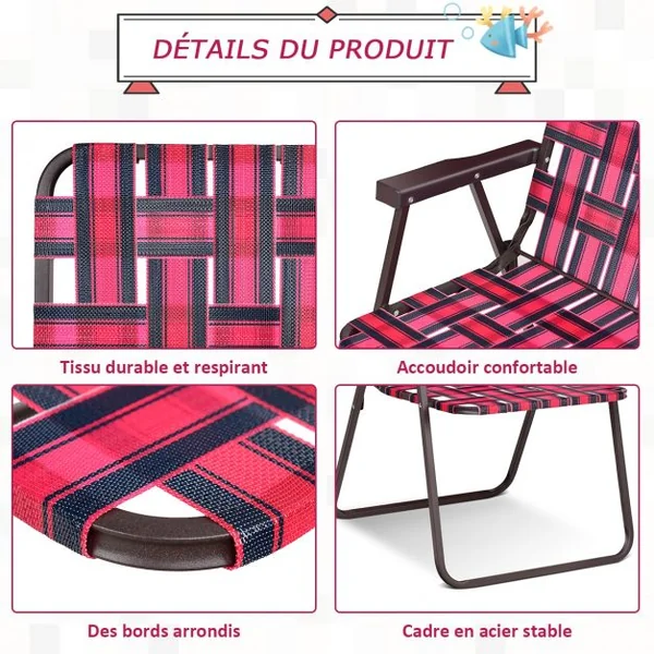 Lot 6 Chaises de Plage Pliantes en Toile avec Accoudoirs en Acier en Forme de U Supporter 120 KG