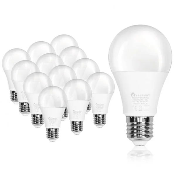 Lot de 12 Ampoules Led Culot E27 à Visser A60 9w Durée de Vie 25000 Heures 6500k de Température de Couleur Non Dimmable