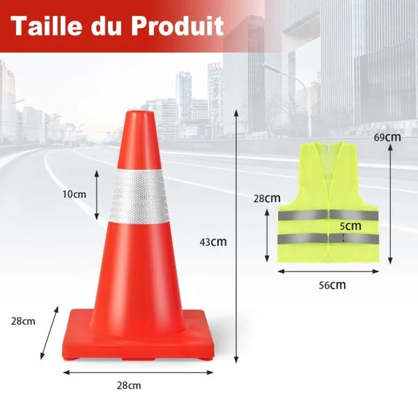 Lot de 12 Cônes de Signalisation Réfléchissant en PVC Hauteur 43cm avec Gilet Jaune Cône de Sécurité Marqueur Attention Sécurité Multi-usages 28 x 28 x 43cm