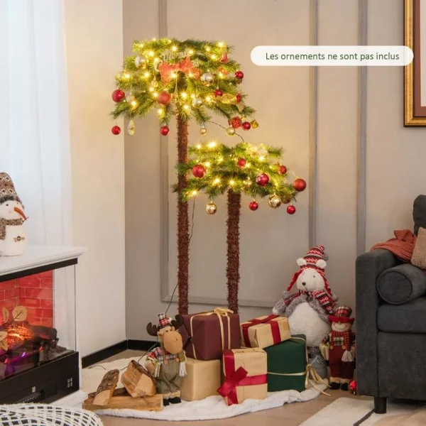 Lot de 2 Arbre de Noël Artificiel Lumineux en Forme de Palmier avec 100 LED Blanc Chaud en PVC Décoration 107 et 152,5 cm