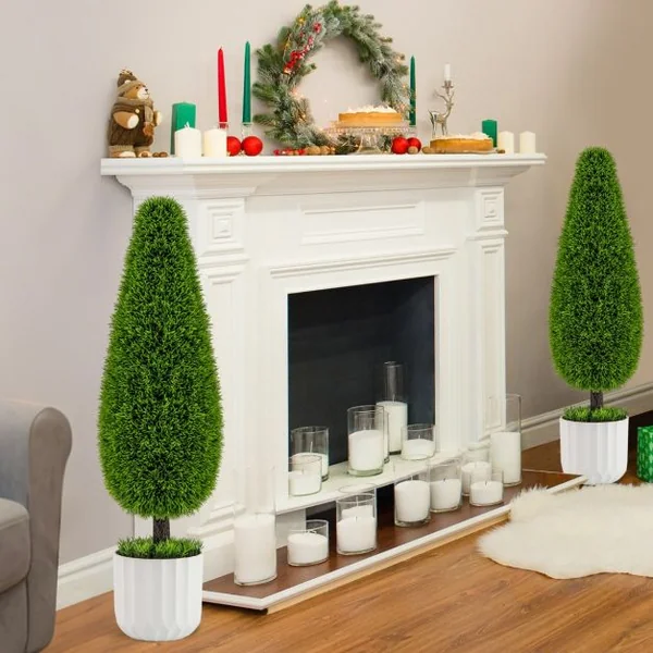 Lot de 2 Arbres Arbustes de Cèdre Artificiel 90cm en Forme de Larme Fausse Plante Topiaire en Pot en Plastique avec Ciment Fausses Vert