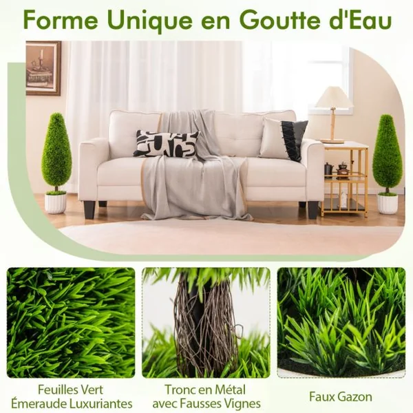 Lot de 2 Arbres Arbustes de Cèdre Artificiel 90cm en Forme de Larme Fausse Plante Topiaire en Pot en Plastique avec Ciment Fausses Vert