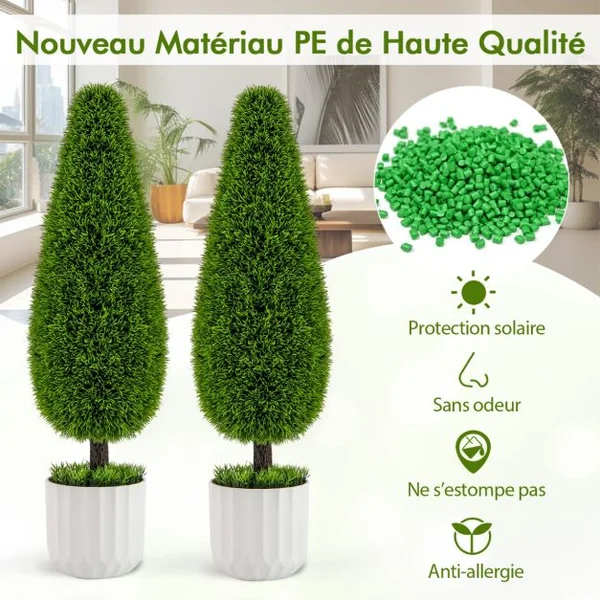 Lot de 2 Arbres Arbustes de Cèdre Artificiel 90cm en Forme de Larme Fausse Plante Topiaire en Pot en Plastique avec Ciment Fausses Vert