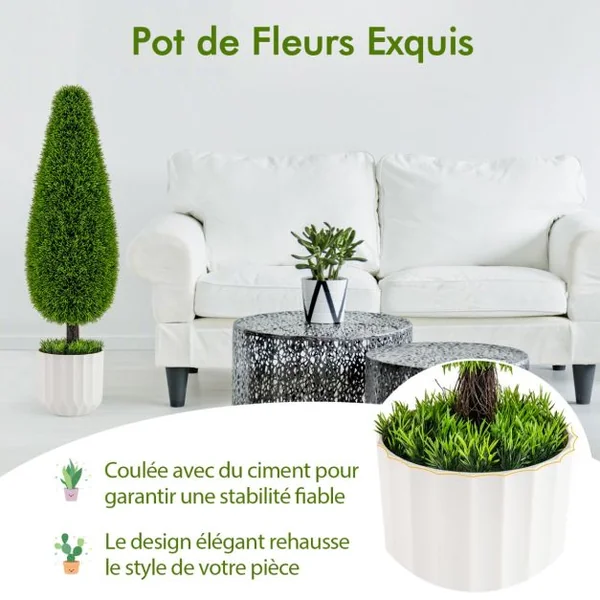 Lot de 2 Arbres Arbustes de Cèdre Artificiel 90cm en Forme de Larme Fausse Plante Topiaire en Pot en Plastique avec Ciment Fausses Vert