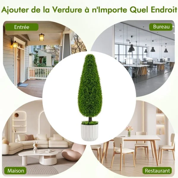 Lot de 2 Arbres Arbustes de Cèdre Artificiel 90cm en Forme de Larme Fausse Plante Topiaire en Pot en Plastique avec Ciment Fausses Vert