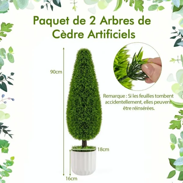 Lot de 2 Arbres Arbustes de Cèdre Artificiel 90cm en Forme de Larme Fausse Plante Topiaire en Pot en Plastique avec Ciment Fausses Vert