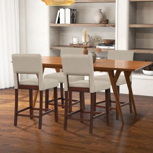 Lot de 2 Chaise Haute Bar avec Dossier et Repose-pieds Tabouret de Bar Rembourré Hauteur d’Assise 62 cm Comptoir Beige