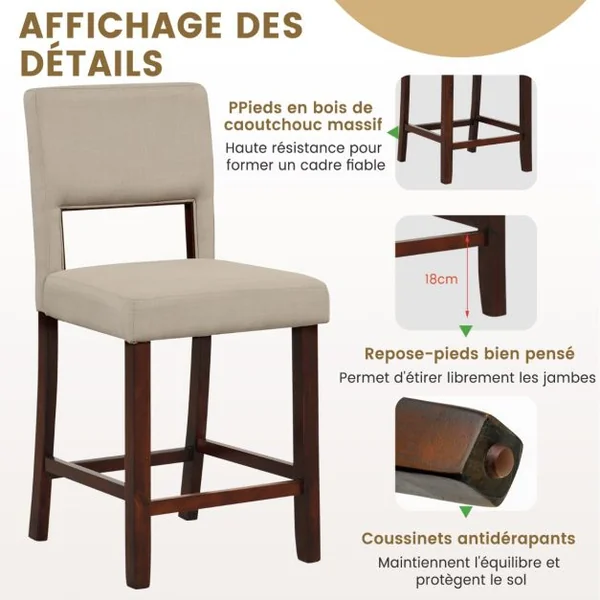 Lot de 2 Chaise Haute Bar avec Dossier et Repose-pieds Tabouret de Bar Rembourré Hauteur d’Assise 62 cm Comptoir Beige
