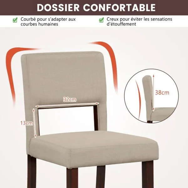 Lot de 2 Chaise Haute Bar avec Dossier et Repose-pieds Tabouret de Bar Rembourré Hauteur d’Assise 62 cm Comptoir Beige