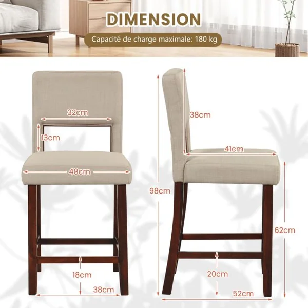 Lot de 2 Chaise Haute Bar avec Dossier et Repose-pieds Tabouret de Bar Rembourré Hauteur d’Assise 62 cm Comptoir Beige