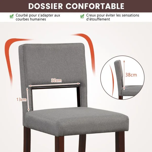 Lot de 2 Chaise Haute Bar avec Dossier et Repose-pieds Tabouret de Bar Rembourré Hauteur d’Assise 62 cm Comptoir Gris