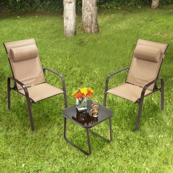 Lot de 2 Chaise Pliante avec Table Basse Dossier Réglable Tissu Teslin Charge Max 150kg pour Chaise 50kg pour Table Marron