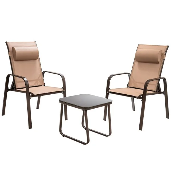 Lot de 2 Chaise Pliante avec Table Basse Dossier Réglable Tissu Teslin Charge Max 150kg pour Chaise 50kg pour Table Marron