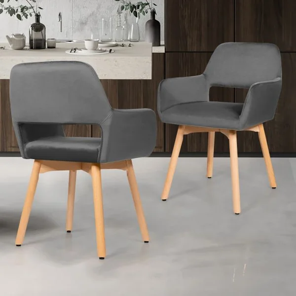 Lot de 2 Chaises avec Accoudoirs et Coussin Rembourré Chaises de Loisirs avec Pieds en Hêtre Gris foncé