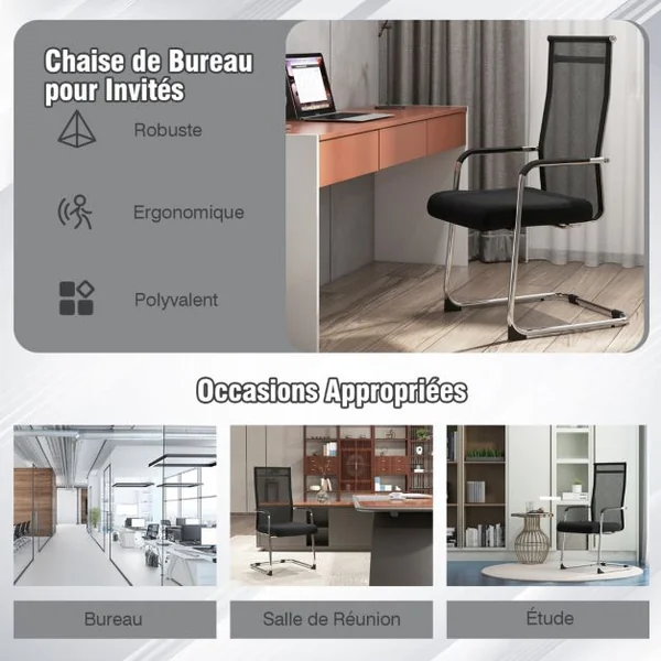 Lot de 2 Chaises Bureau Chaises Cantilever Ergonomique avec Accoudoirs Coussin et Dossier Haut Charge 150 KG Noir