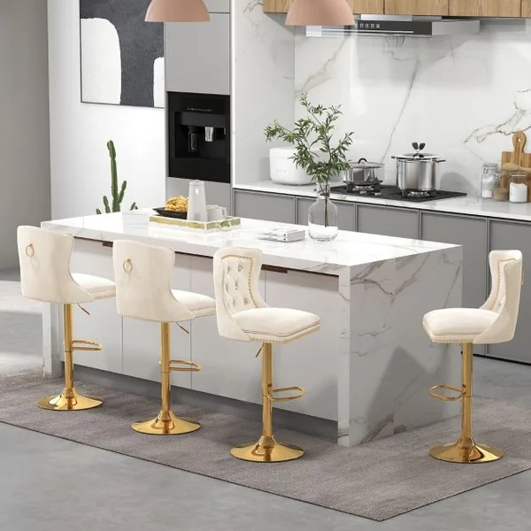 Lot de 2 Chaises de Bar en Velours Hollandais Repose-pieds Base en Métal Galvanisé Anneau Antidérapant Chaise Pivotante Réglable Gris
