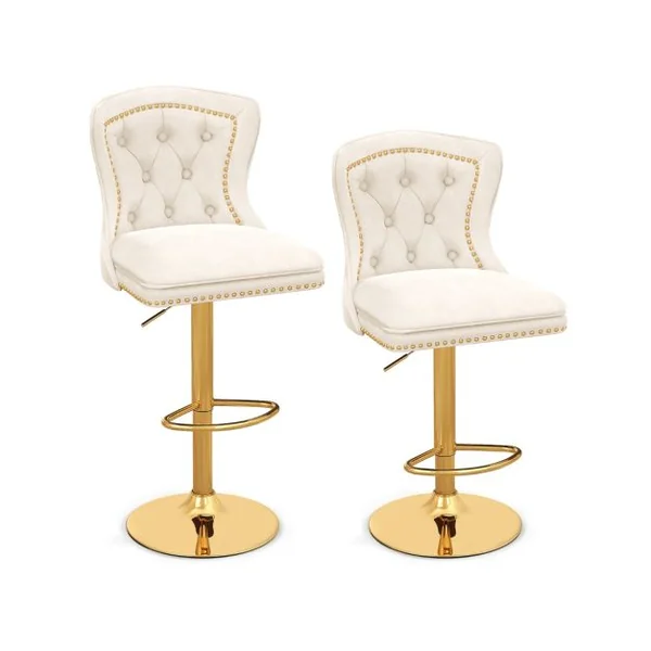 Lot de 2 Chaises de Bar en Velours Hollandais Repose-pieds Base en Métal Galvanisé Anneau Antidérapant Chaise Pivotante Réglable Gris