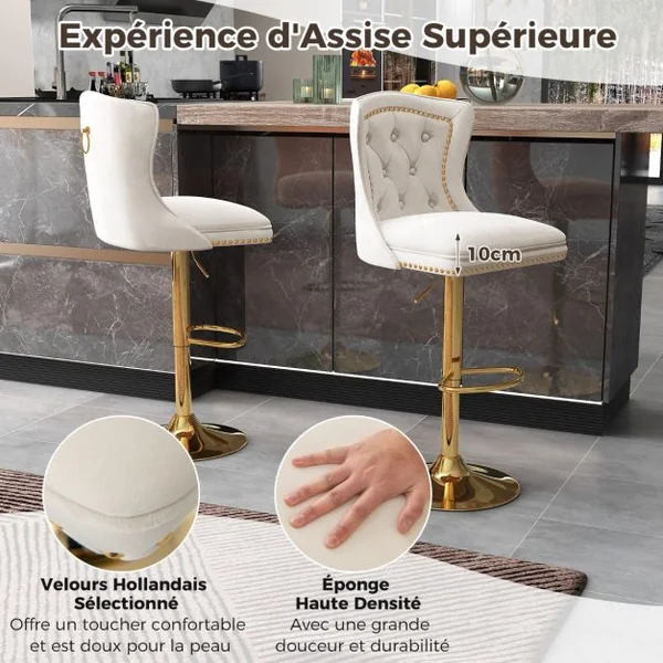 Lot de 2 Chaises de Bar en Velours Hollandais Repose-pieds Base en Métal Galvanisé Anneau Antidérapant Chaise Pivotante Réglable Gris
