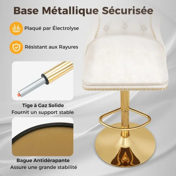 Lot de 2 Chaises de Bar en Velours Hollandais Repose-pieds Base en Métal Galvanisé Anneau Antidérapant Chaise Pivotante Réglable Gris