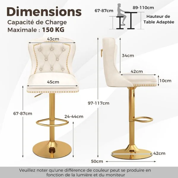 Lot de 2 Chaises de Bar en Velours Hollandais Repose-pieds Base en Métal Galvanisé Anneau Antidérapant Chaise Pivotante Réglable Gris