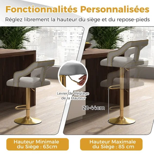 Lot de 2 Chaises de Bar Pivotantes et Réglables Repose-pied Base en Métal Galvanisé Anneau Antidérapant Gris/Rose