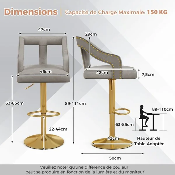 Lot de 2 Chaises de Bar Pivotantes et Réglables Repose-pied Base en Métal Galvanisé Anneau Antidérapant Gris/Rose