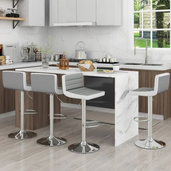 Lot de 2 Chaises de Bar Pivotantes Réglables avec Base en Métal Antidérapant et Repose-pieds Tabourets en Cuir PU Gris Et Blanc