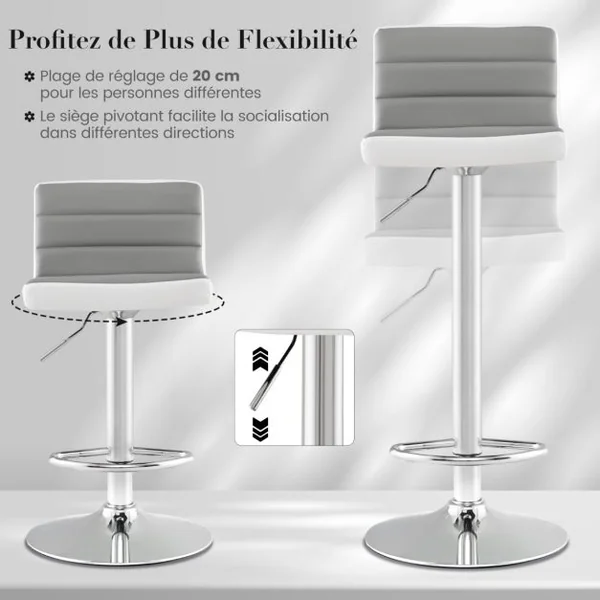 Lot de 2 Chaises de Bar Pivotantes Réglables avec Base en Métal Antidérapant et Repose-pieds Tabourets en Cuir PU Gris Et Blanc